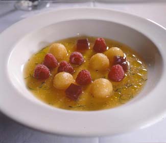 Melon & Raspberries with Cinnamon Jelly and Fresh Basil